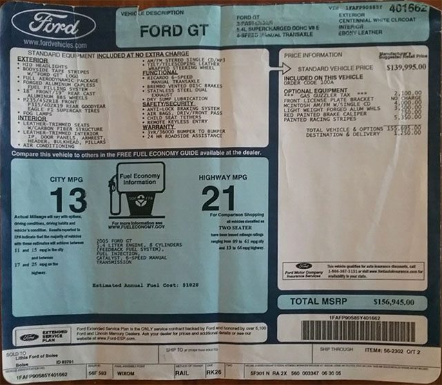 ford gt window sticker