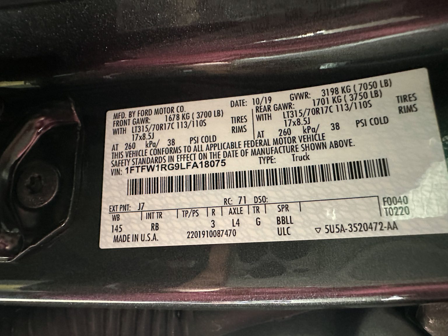 BaT 2020 Ford F 150 Raptor 3491