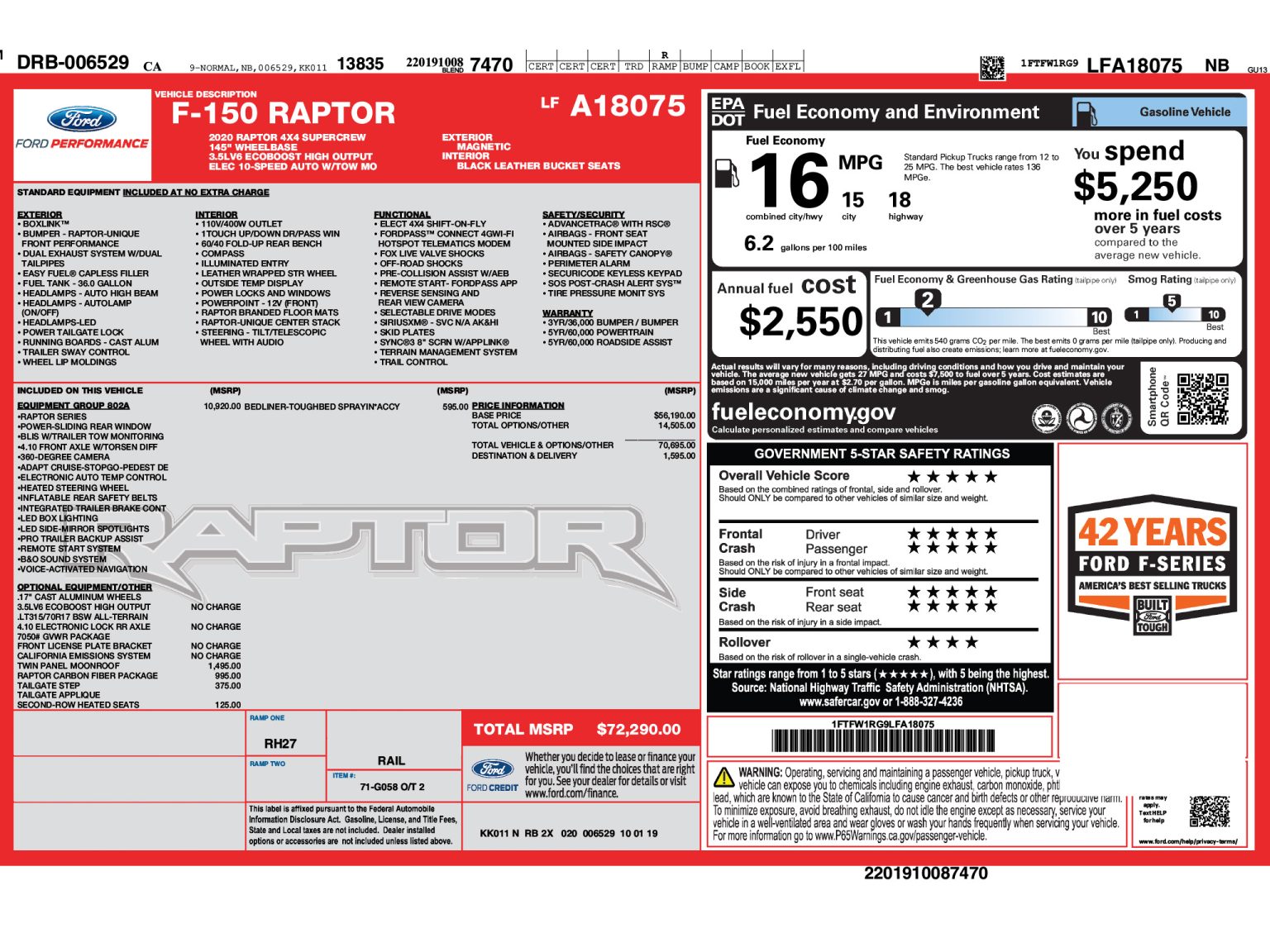 BaT 2020 Ford F 150 Raptor Window Sticker