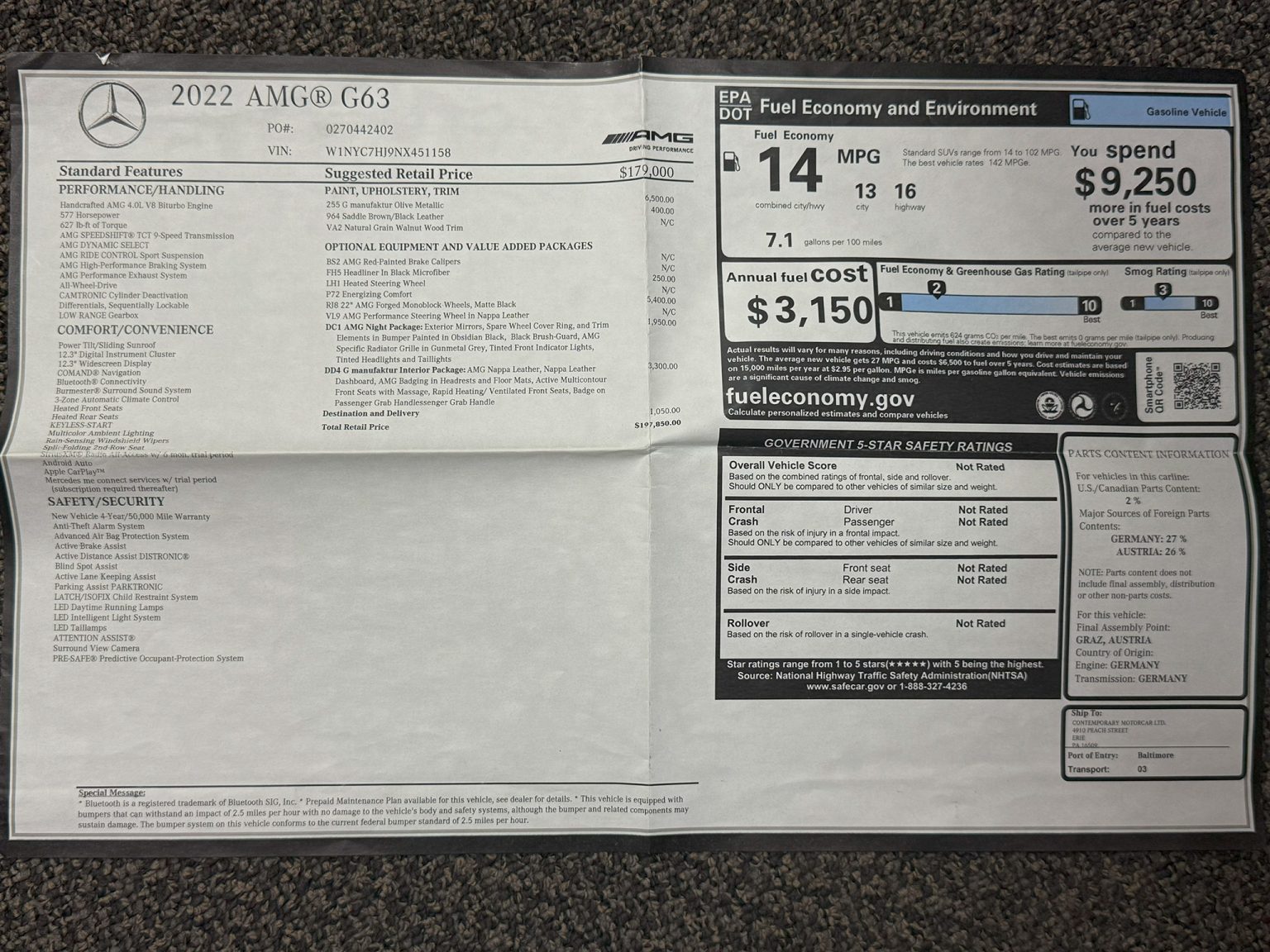 BaT 2022 Mercedes Benz Olive Metallic G 63 AMG Window Sticker