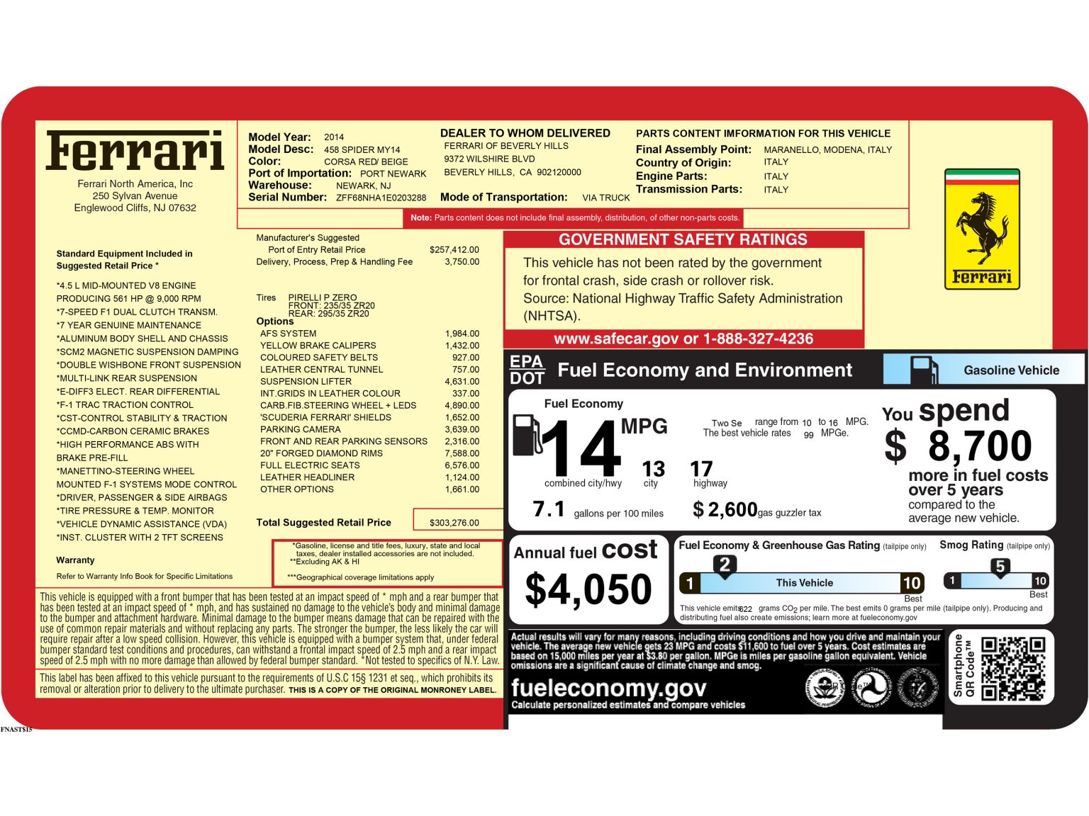 2014 Corsa Red Ferrari 458 Spider Window Sticker